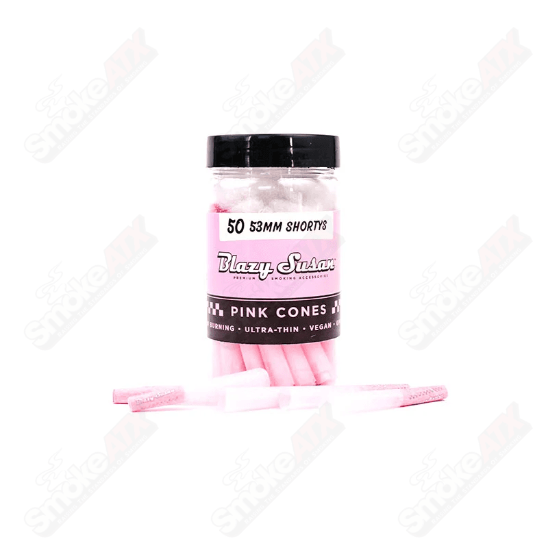 Set of 50 pink 53mm short cones from Blazy Susan, designed for 420 products and rolling purposes.