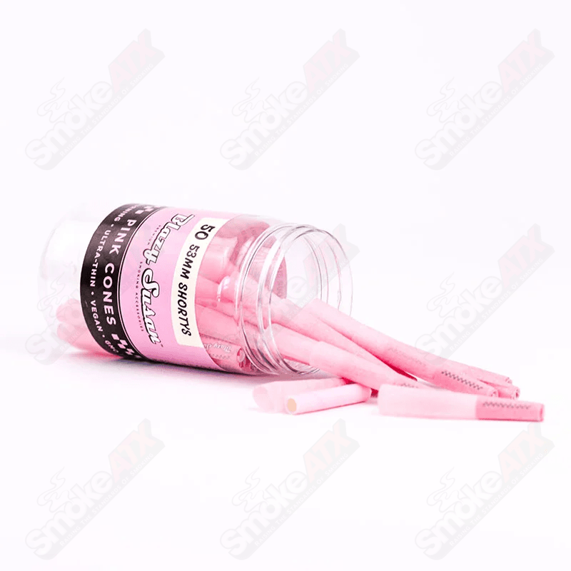 Set of 50 pink 53mm short rolling cones by Blazy Susan, ideal for rolling cigarettes or herbal products.