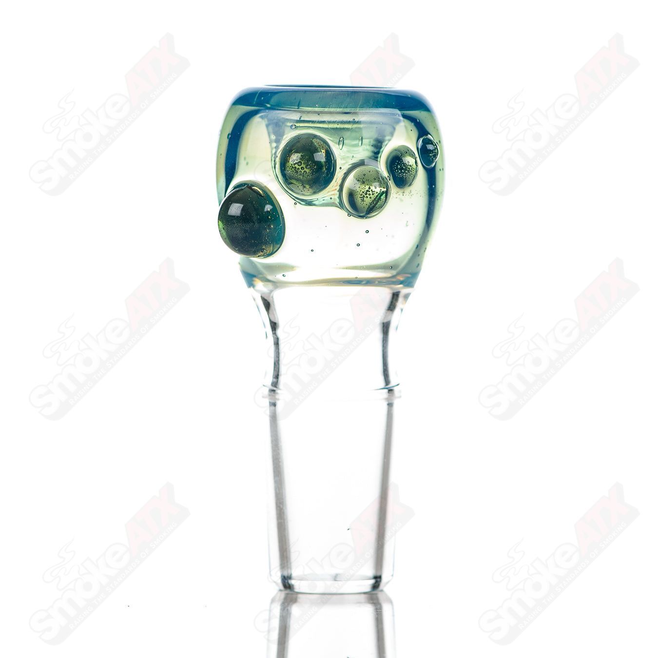 Colorful Dustorm Glass #6 18mm full color push slide bowl, clear glass with vibrant color accents on the bowl and slide mechanism.