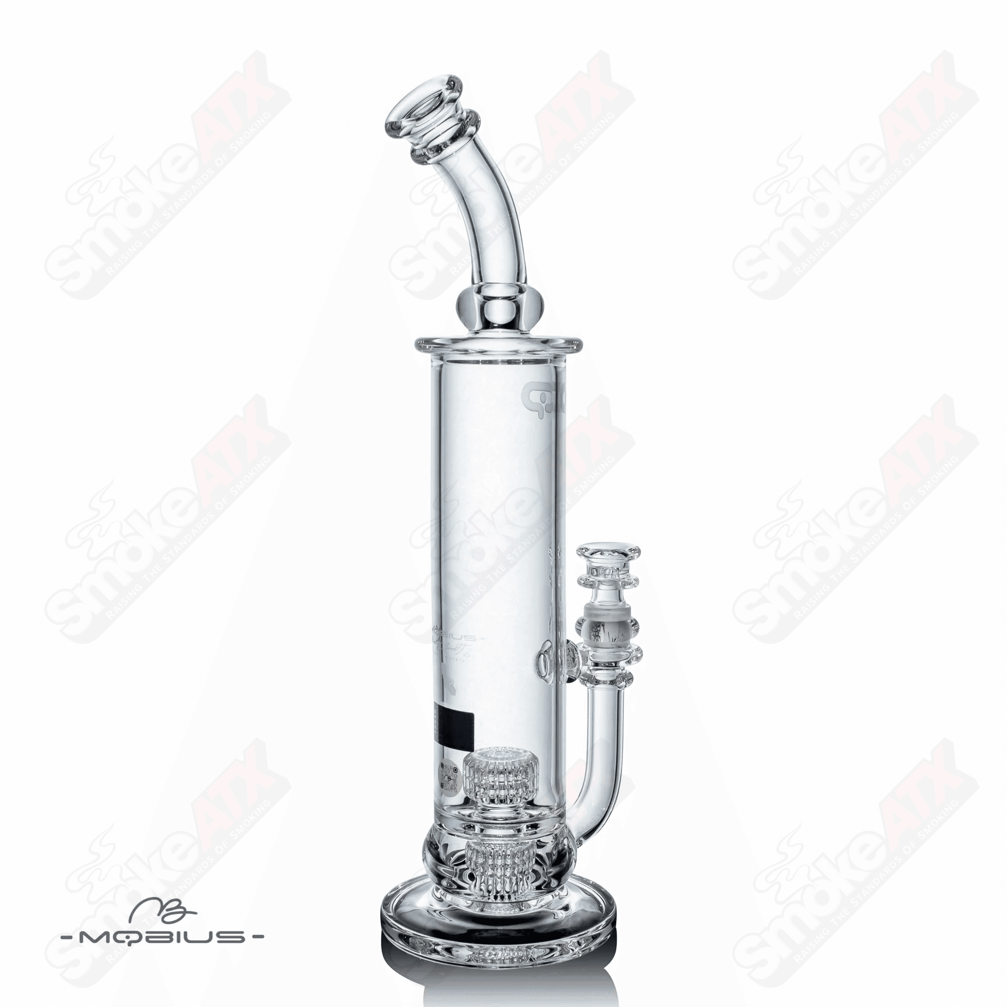 Mobius 65T V5 Stereo Matrix glass waterpipe with clear design and intricate matrix pattern, designed for smooth smoking experiences.
