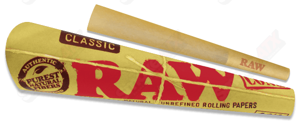 Six RAW 1 1/4 Classic Cones for rolling, made of natural unbleached paper, ideal for rolling cigarettes or herbal blends.