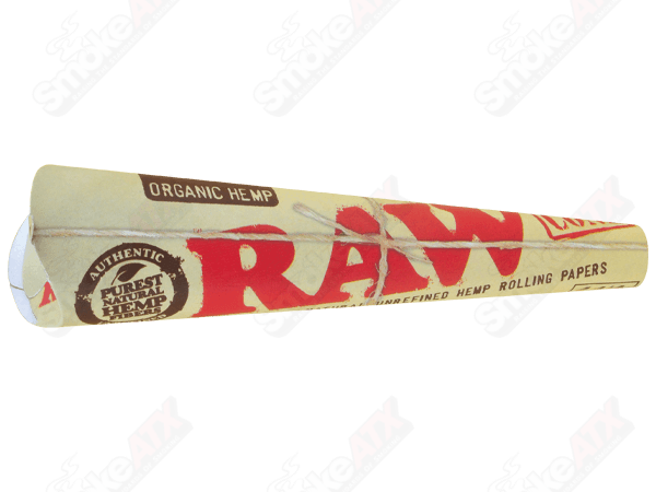 Six RAW organic hemp cones, 1 1/4 size, designed for rolling herbs, with natural brown appearance and RAW branding visible.
