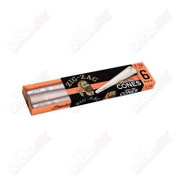 Six-pack of Zig Zag 1 1/4 Ultra Thin Cones for rolling, featuring zig zag pattern, ideal for smooth smoking experiences