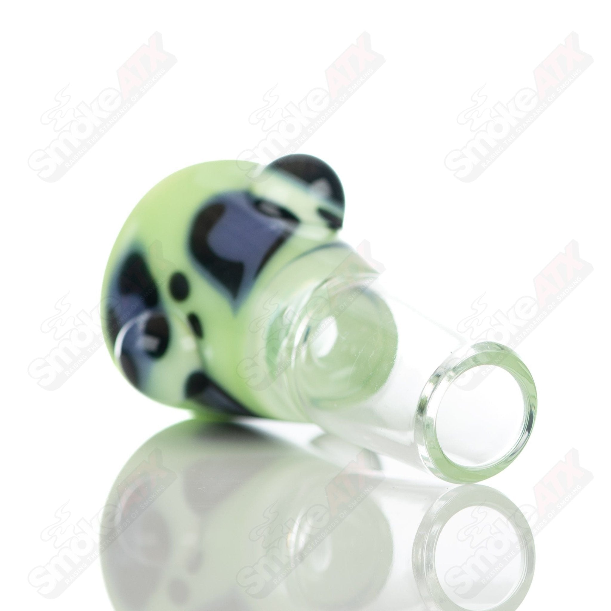 Leopard print 18mm glass martini bowl with dot accents by Adventures In Glass Blowing, showcasing intricate glass craftsmanship.