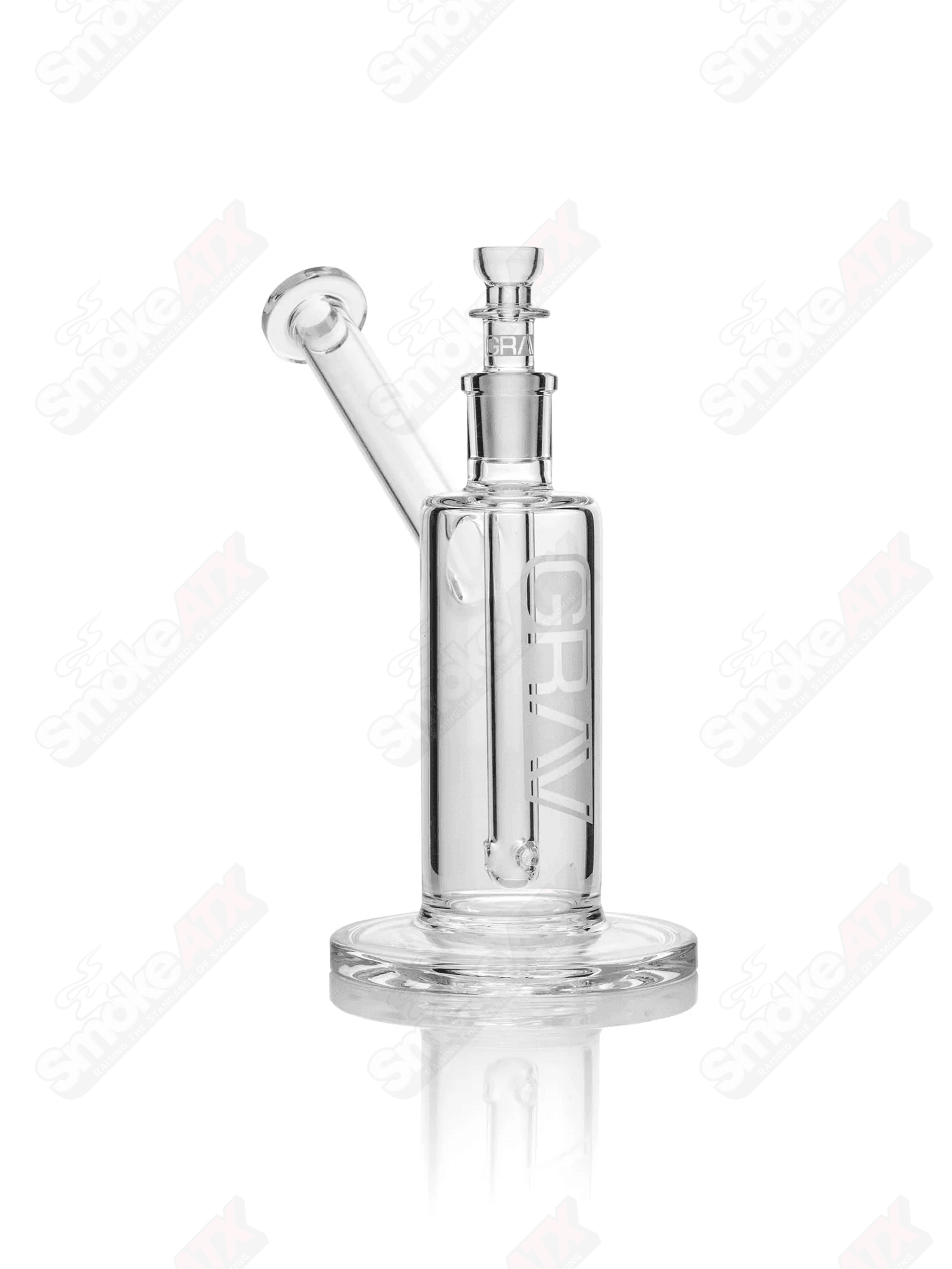 Clear 7-inch medium upright glass bubbler pipe by Grav, featuring a cylindrical design with a sturdy base and a mouthpiece.
