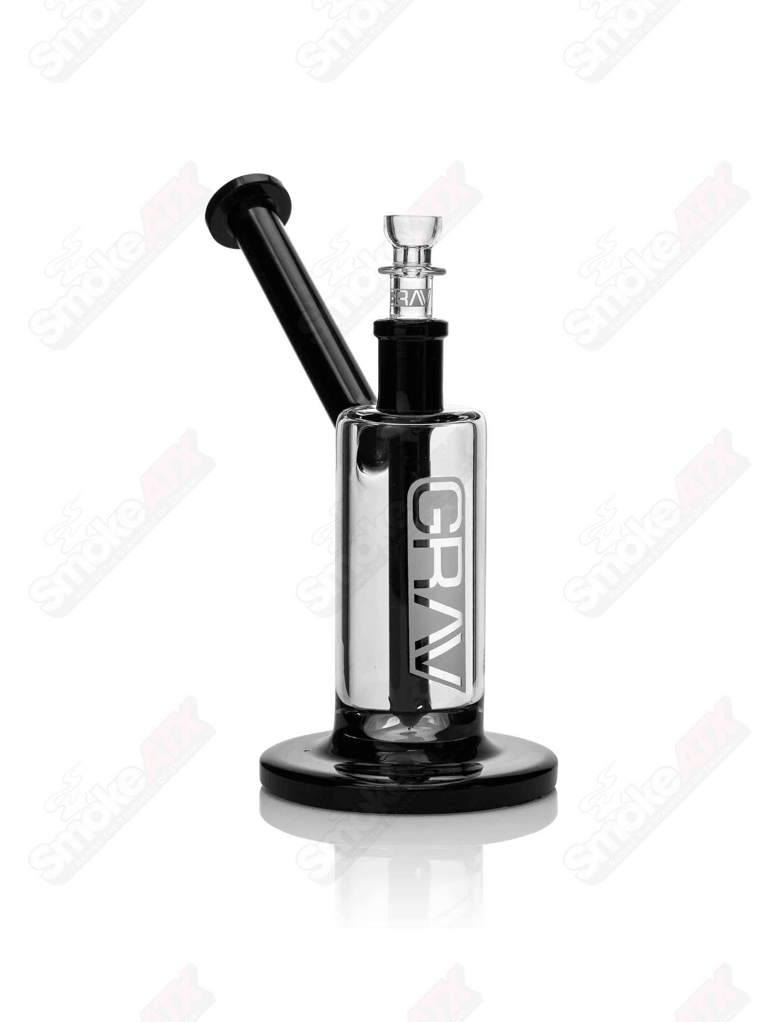 Grav 7-inch medium upright glass bubbler with black accents, showcasing its clear glass body and smooth design.