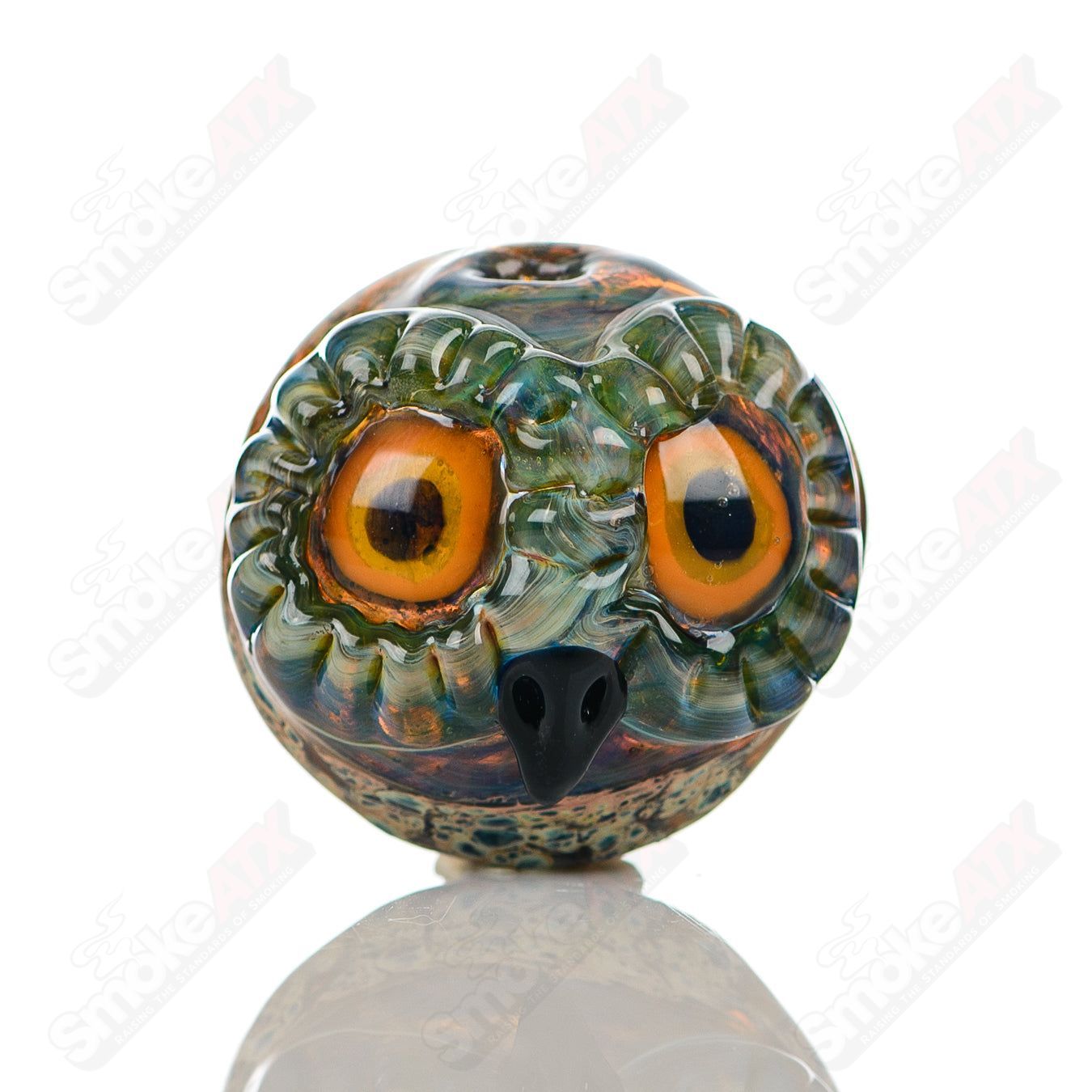 Glass spotted owl carb cap by Four Winds Flameworks featuring detailed owl design and four winds pattern for concentrate vaporization.