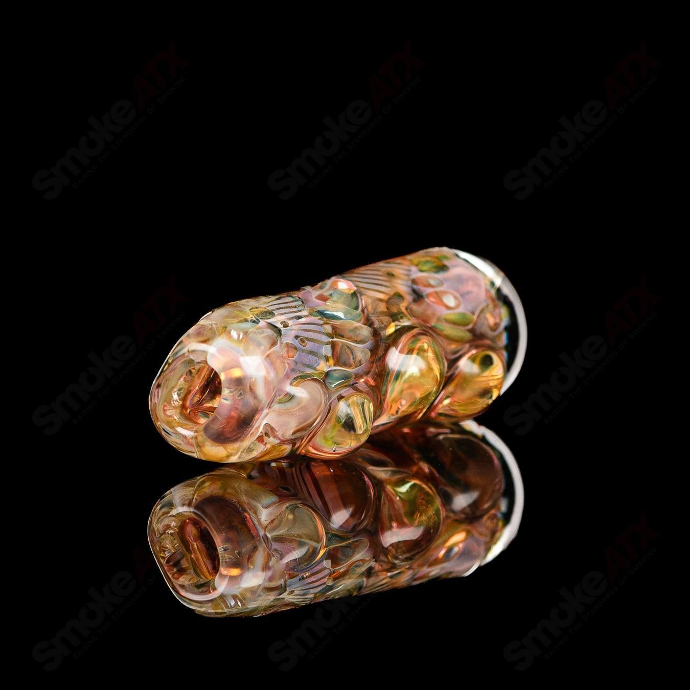 Texas Hot Glass #7 Taster Chillum glass pipe with clear glass construction and intricate design details.