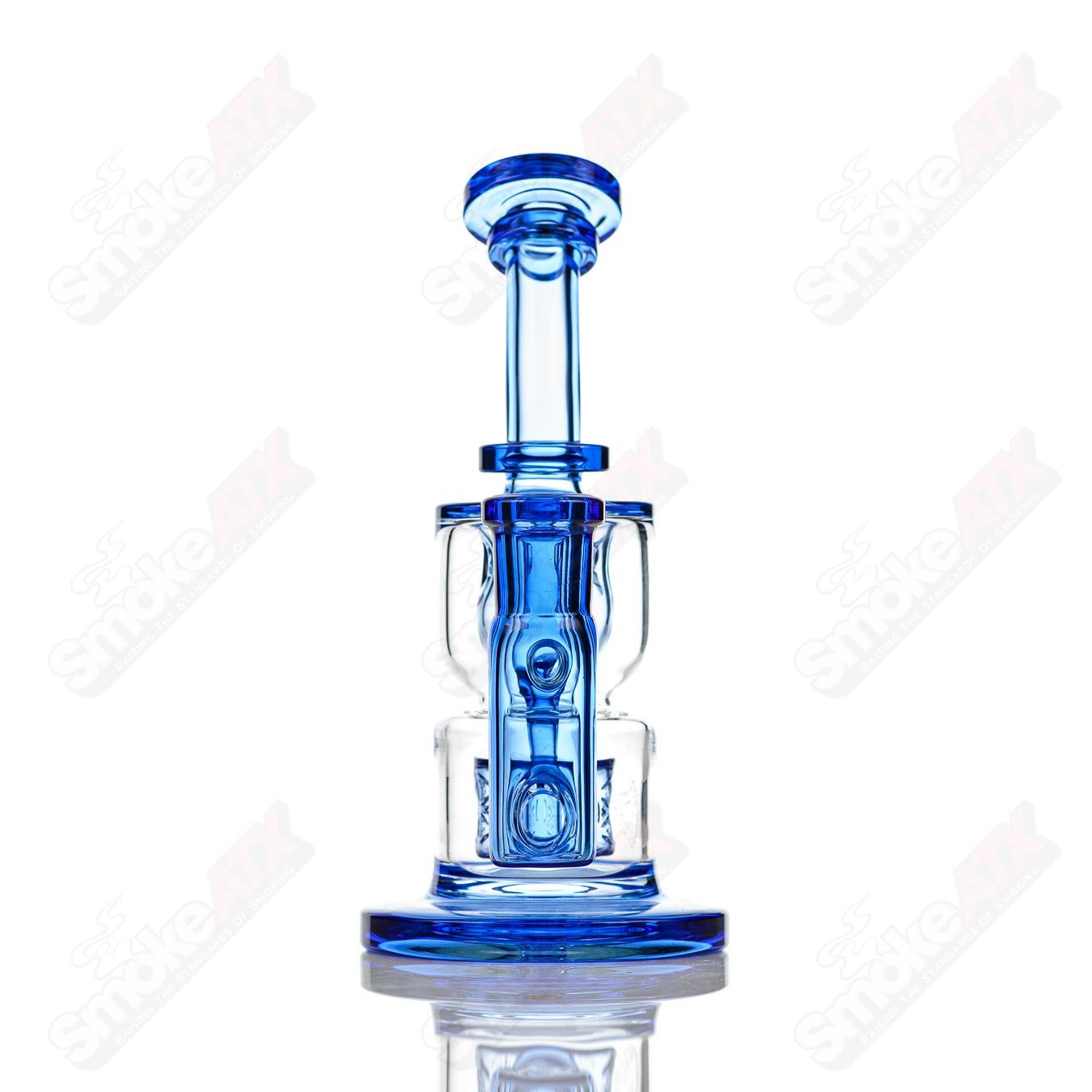 8-inch Fat Boy Glass Taurus Incycler rig with cobalt glass and 14mm joint, featuring an hourglass and Taurus design.