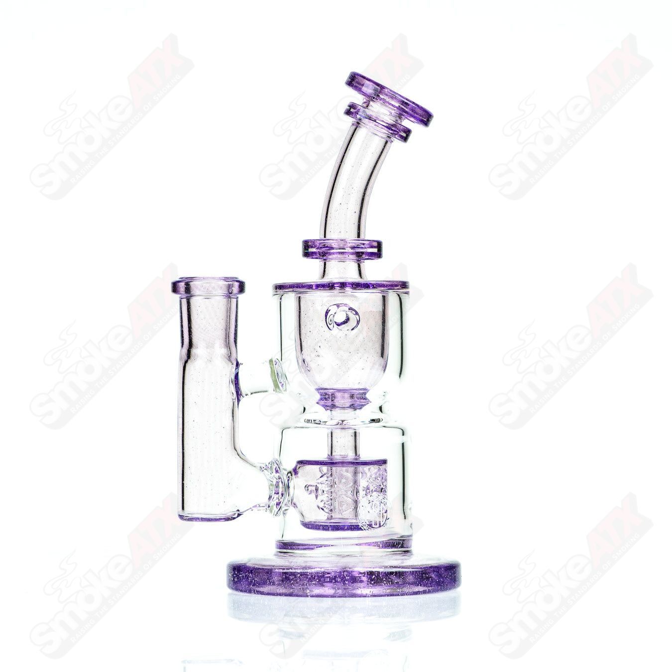 8-inch Fat Boy Glass Taurus Incycler rig with hourglass shape and 14mm joint, crafted from durable glass for aromatic vapor sessions.