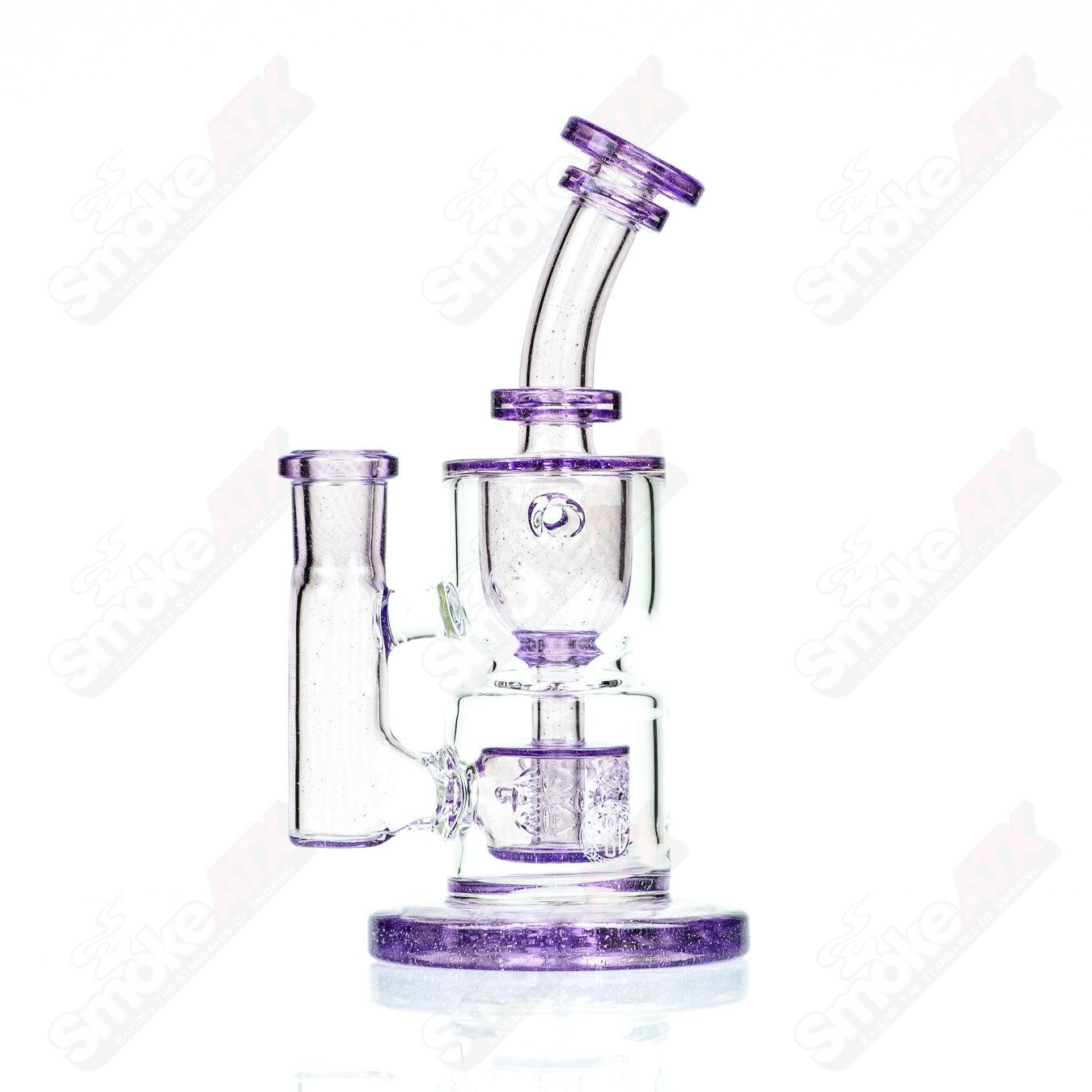 8-inch Fat Boy Glass Taurus Incycler rig with hourglass shape and 14mm joint, featuring intricate glasswork and a sturdy base.