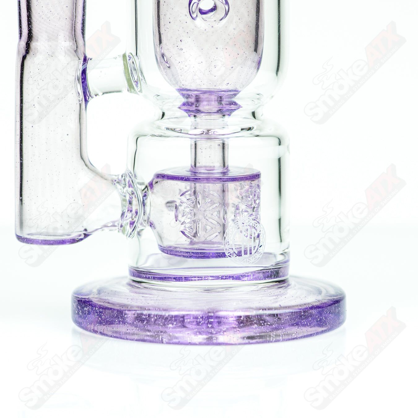 8-inch Fat Boy Glass Taurus Incycler rig with hourglass shape and 14mm joint, featuring intricate glasswork and vibrant colors.