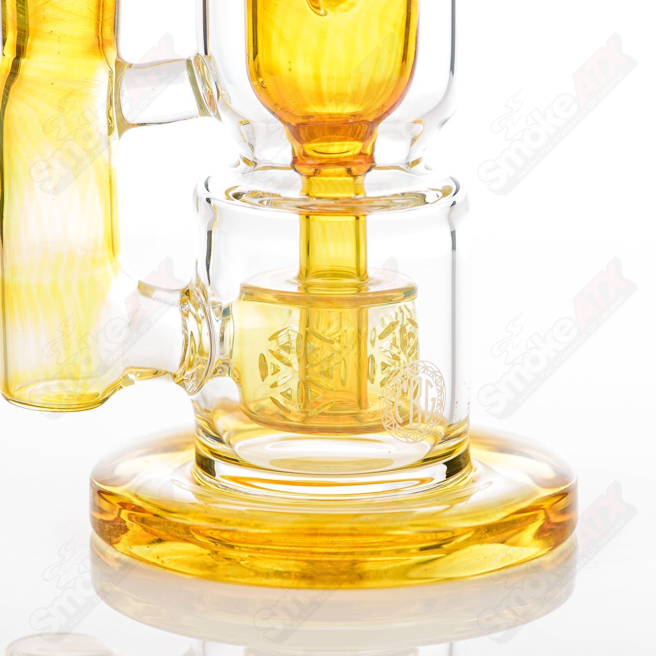 8-inch Fat Boy Glass Taurus Incycler rig with yellow accents, 14mm joint, featuring hourglass and incycler design.