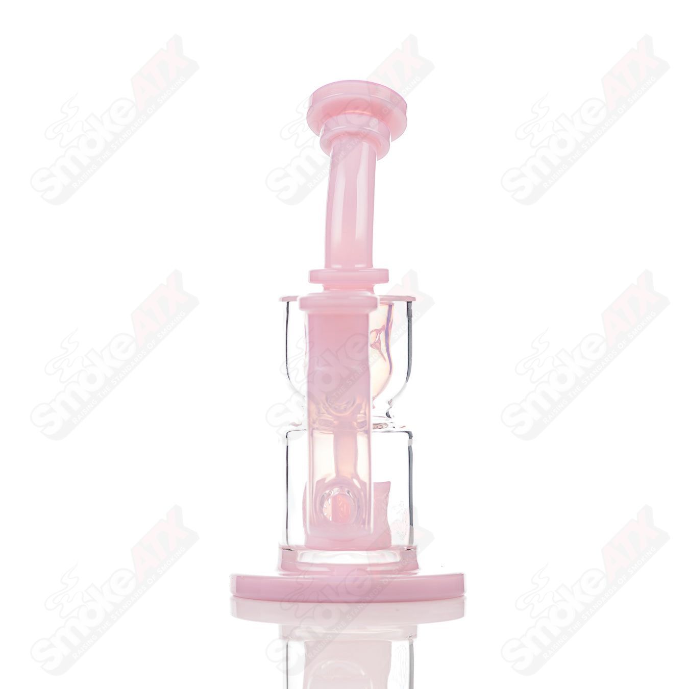 Pink 8-inch 14mm Hourglass Taurus Incycler Fat Boy Glass rig with an intricate design, perfect for smoking enthusiasts.