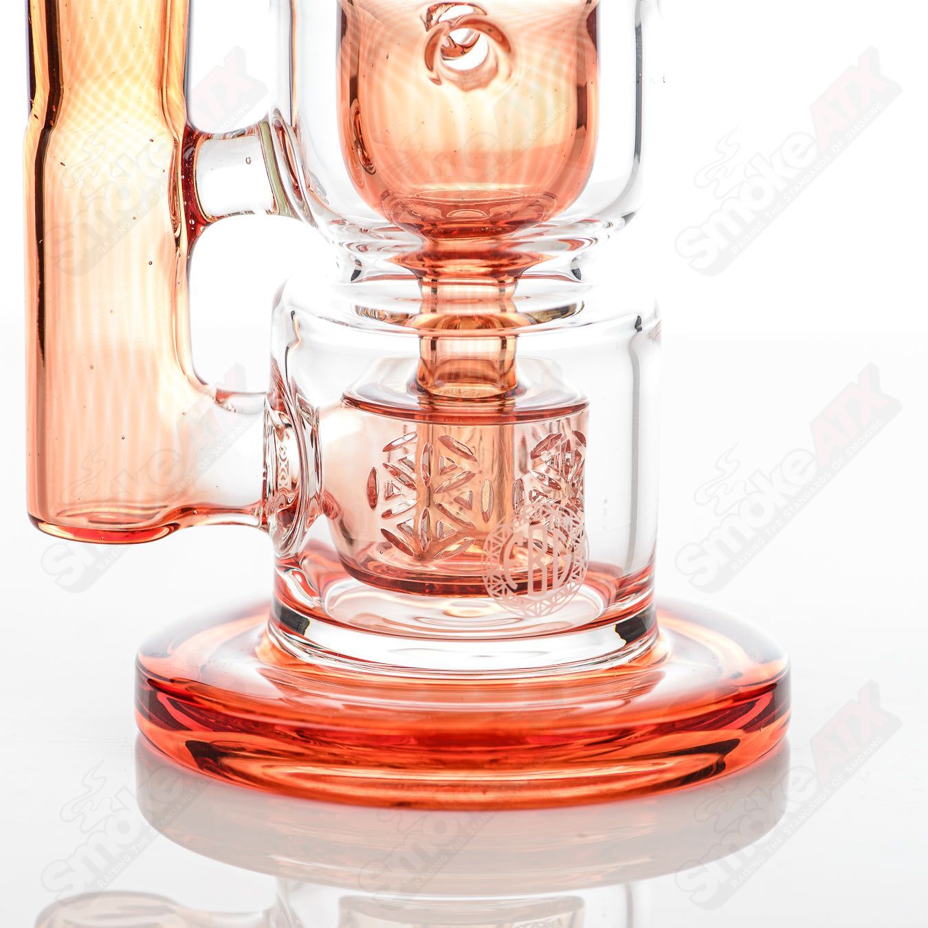8-inch Fat Boy Glass Taurus Incycler rig with hourglass shape and sunstone design, featuring 14mm joint for glass incycler use.