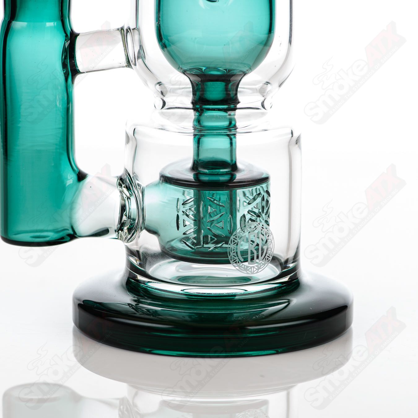 8-inch teal Fat Boy Glass Taurus Incycler rig with 14mm joint and hourglass shape, designed for concentrate use.