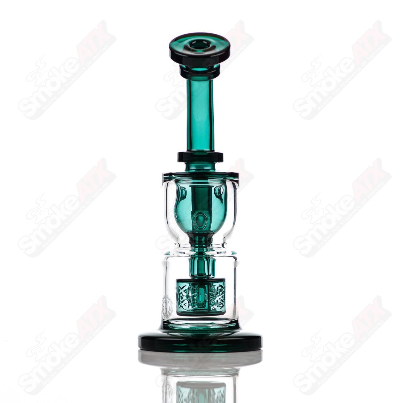 8-inch teal Fat Boy Glass Taurus Incycler rig with 14mm joint and hourglass shape, featuring intricate glass detailing.