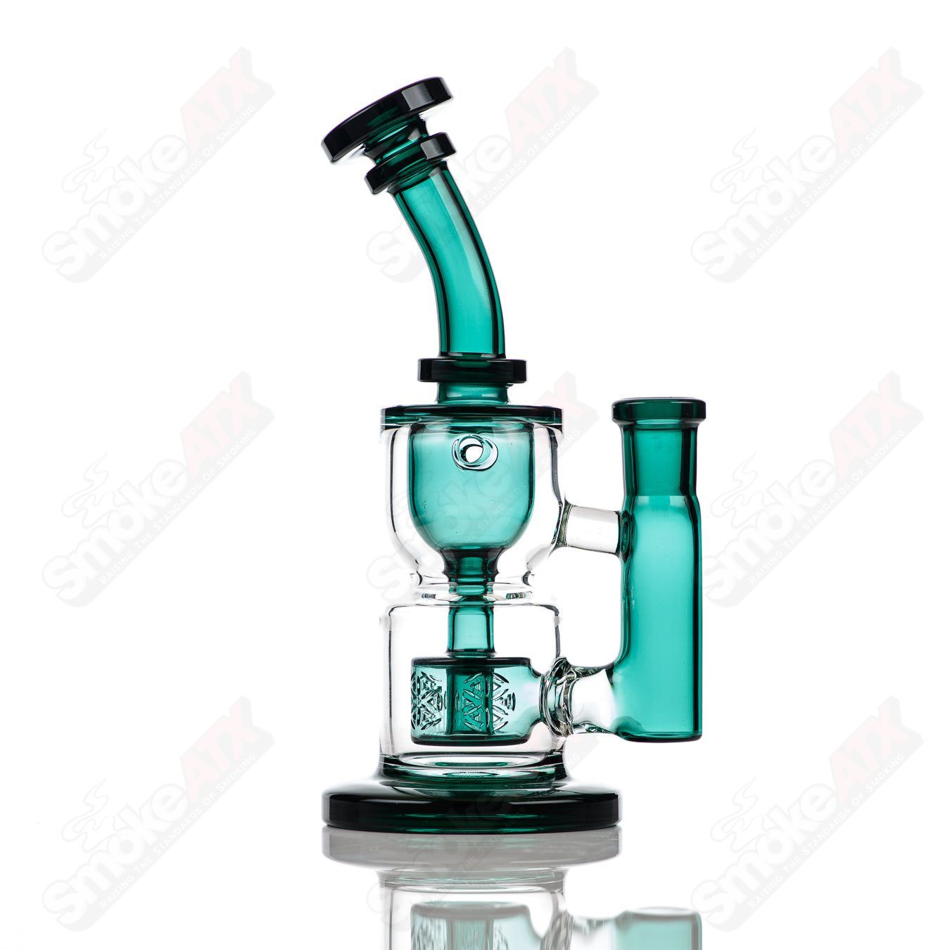 Fat Boy Glass 8-inch teal hourglass Taurus Incycler rig with 14mm joint, featuring intricate glasswork and compact design