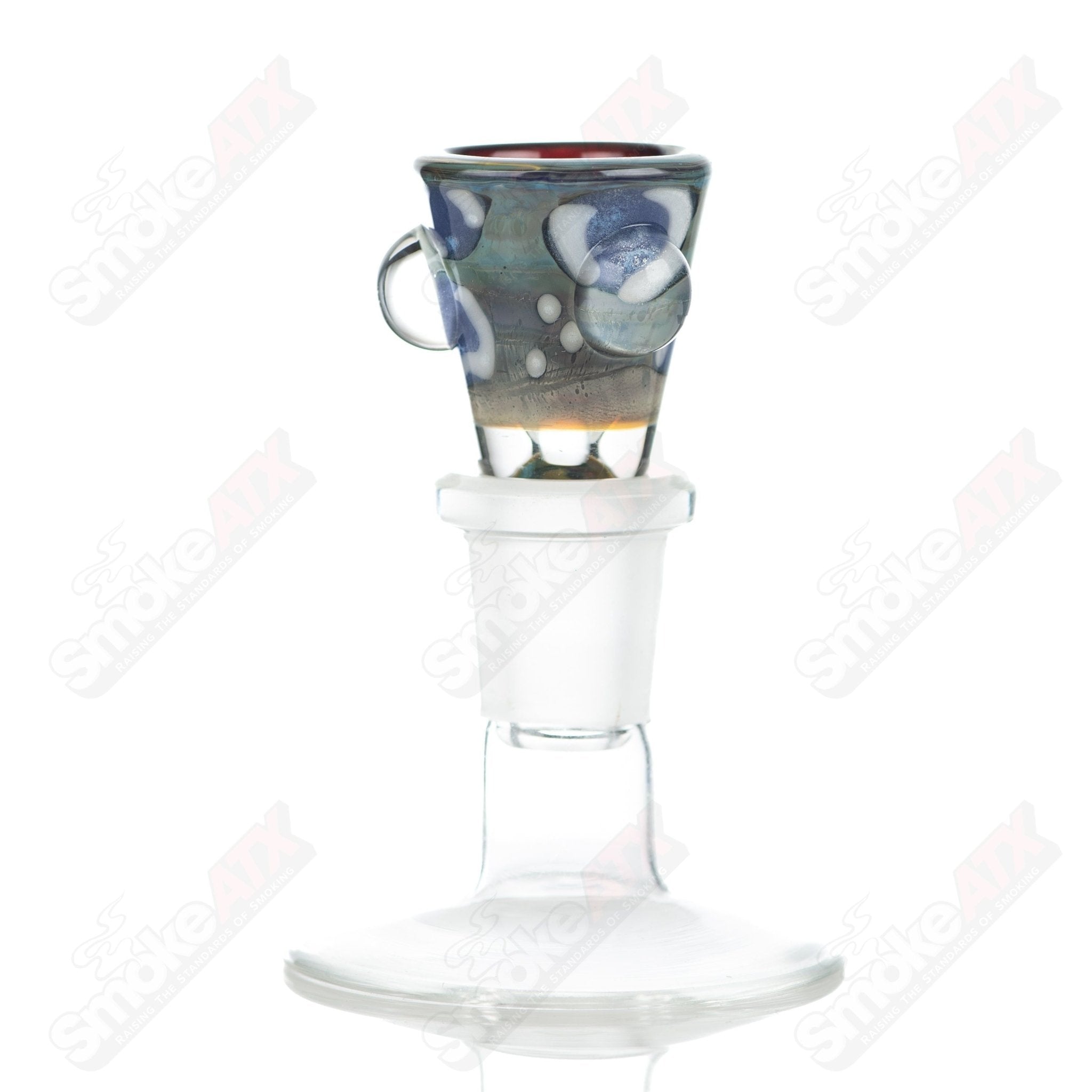 Leopard print glass martini bowl with dotted design by Adventures In Glass Blowing, showcasing intricate glass blowing craftsmanship.