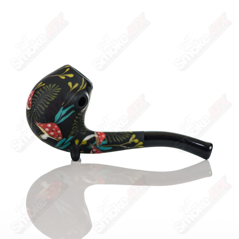 Sand- Blasted Black Sherlock W/ Mushroom Botanical Motif by Sarita Glass - Smoke ATX