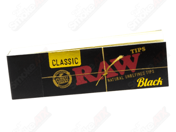 Black RAW rolling tips for cigarettes, made from high-quality raw paper, shown in a close-up image.