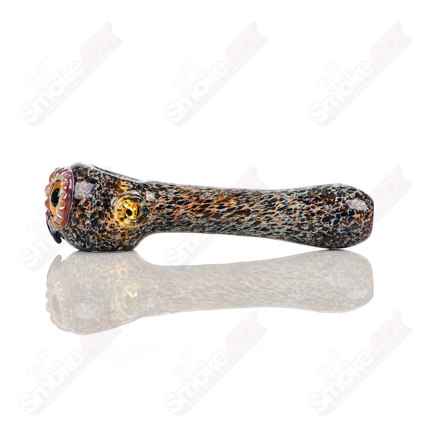 Black spotted owl glass pipe by Four Winds Flameworks, featuring detailed owl design and smooth glass finish.