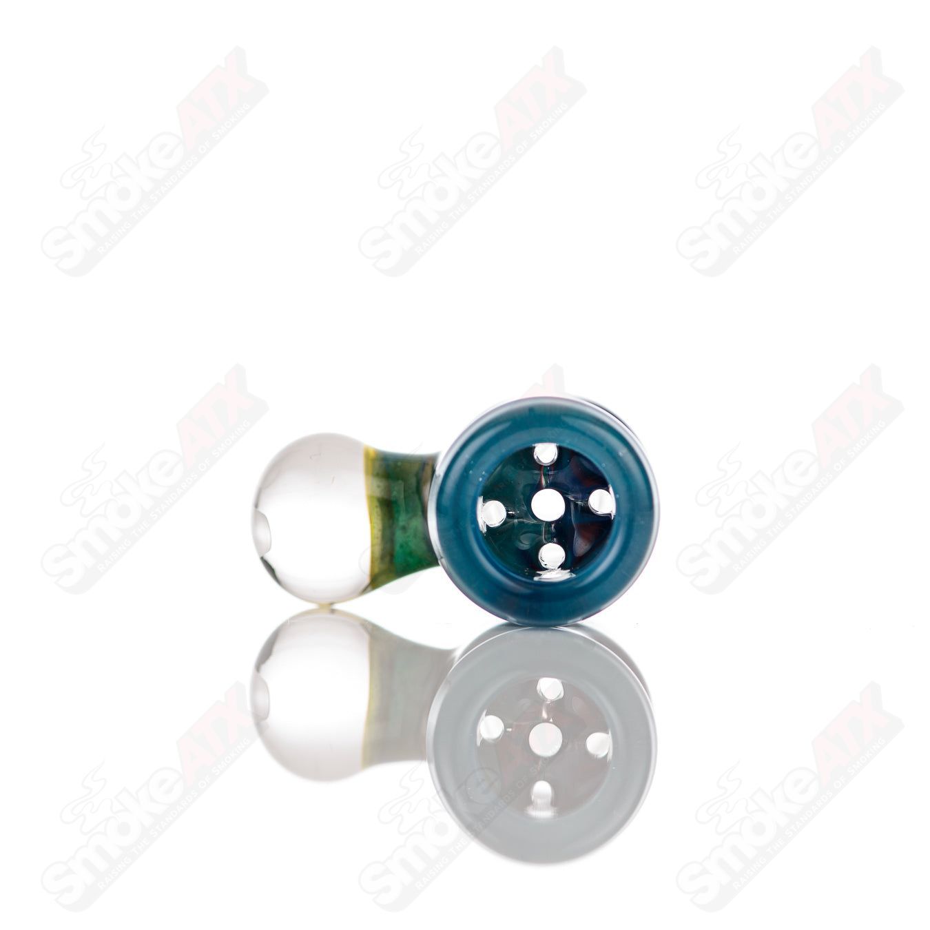 Black Tuna 14mm worked glass bowl with 5-hole slide, featuring intricate design and black finish for smoking accessories.