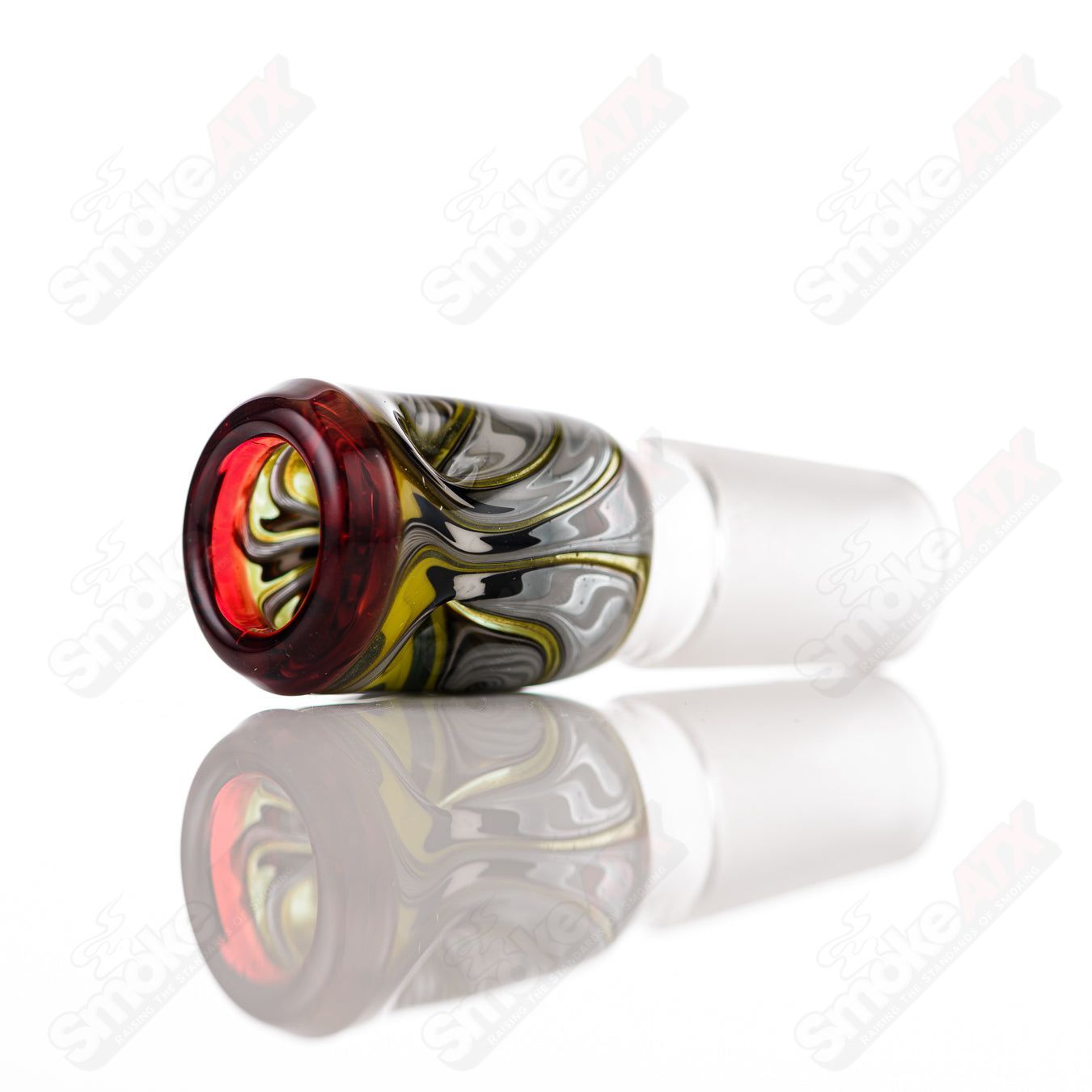 Black Tuna 18mm worked glass slide bowl with intricate design, designed for use with 18mm glass water pipes.