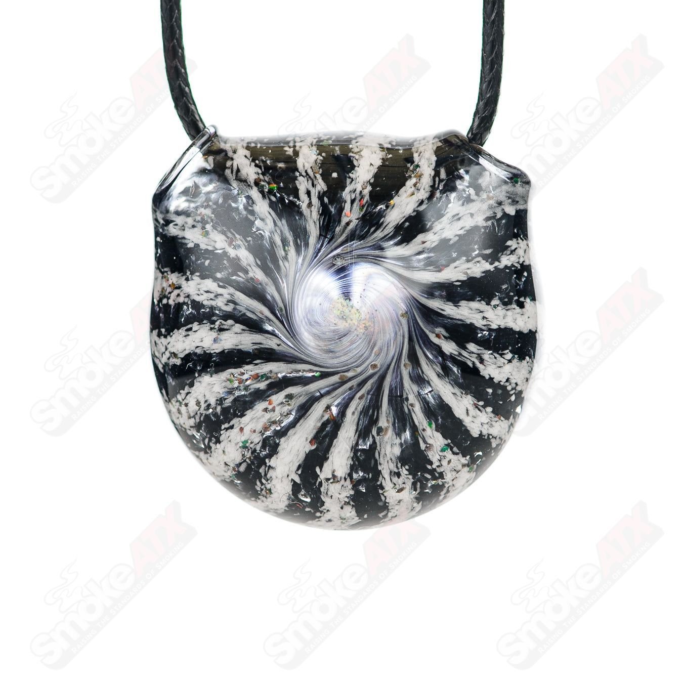 Black and white dichro glass pendant by Merican Made, featuring vibrant iridescent colors and a sleek, modern design.