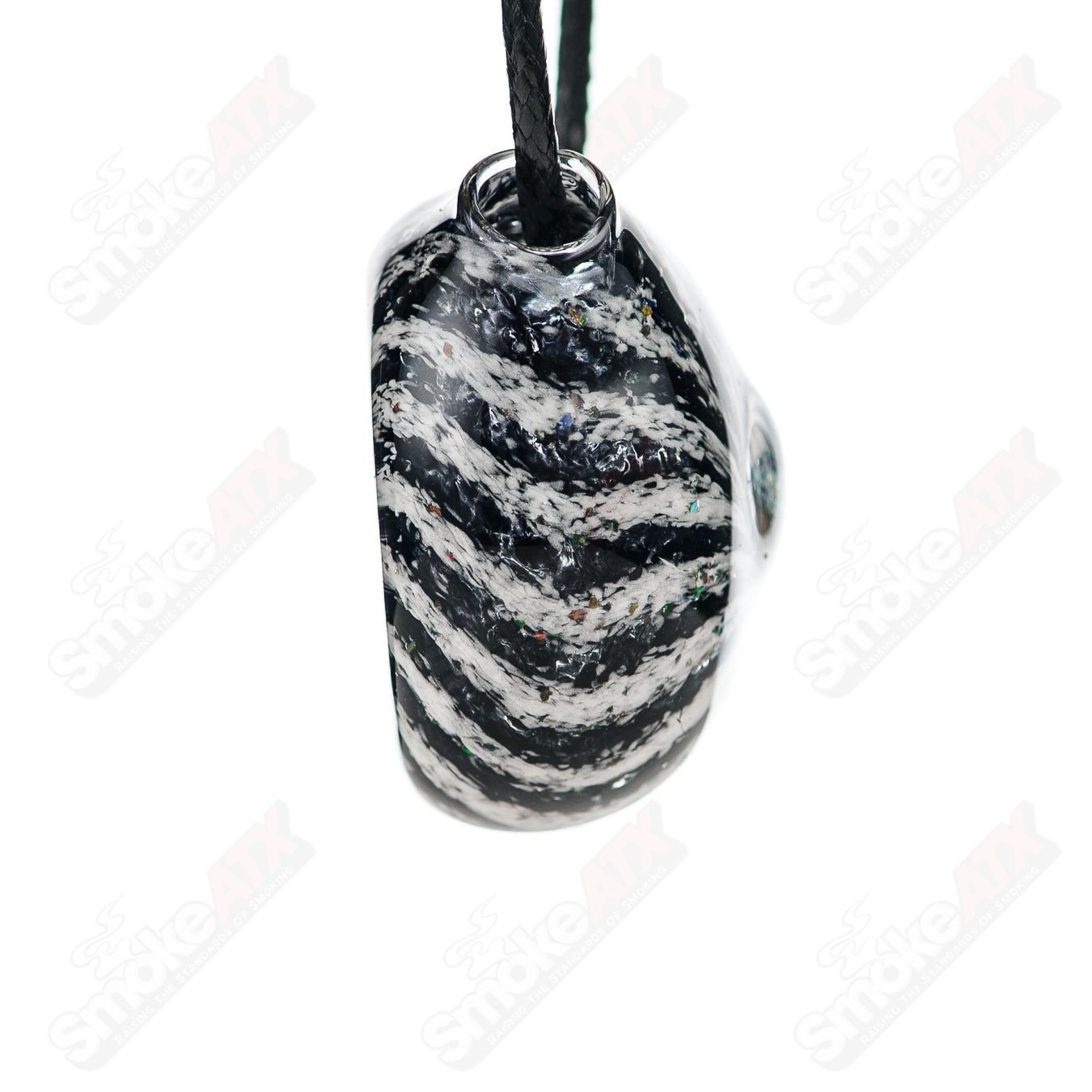 Black and white dichro glass pendant by Merican Made, showcasing a vibrant, reflective design in a sleek pendant style.