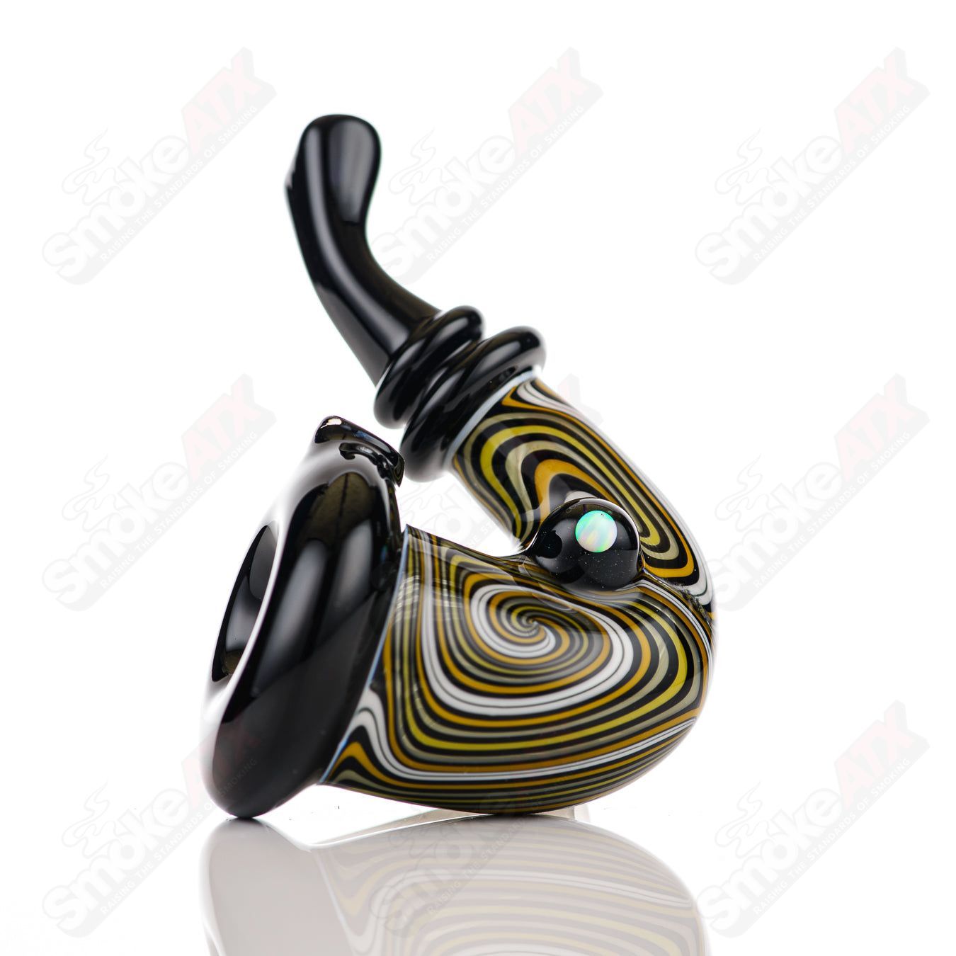 Black and yellow WigWag Sherlock glass pipe with opal accents by JMass, featuring intricate heady glass design.
