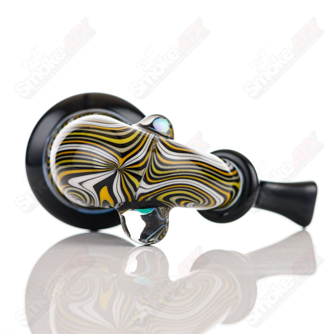 Black and yellow WigWag Sherlock glass pipe with opal accents by JMass, featuring intricate heady glass design and detailed craftsmanship.
