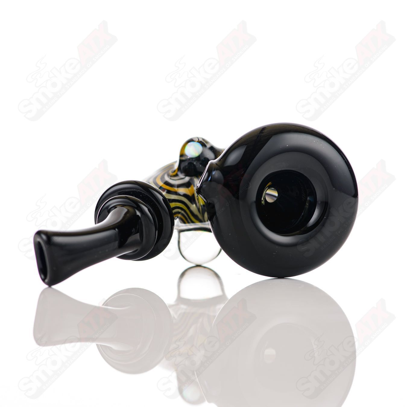 Black and yellow WigWag Sherlock glass pipe with opal accents, crafted by JMass, featuring intricate heady glass design and Sherlock style.