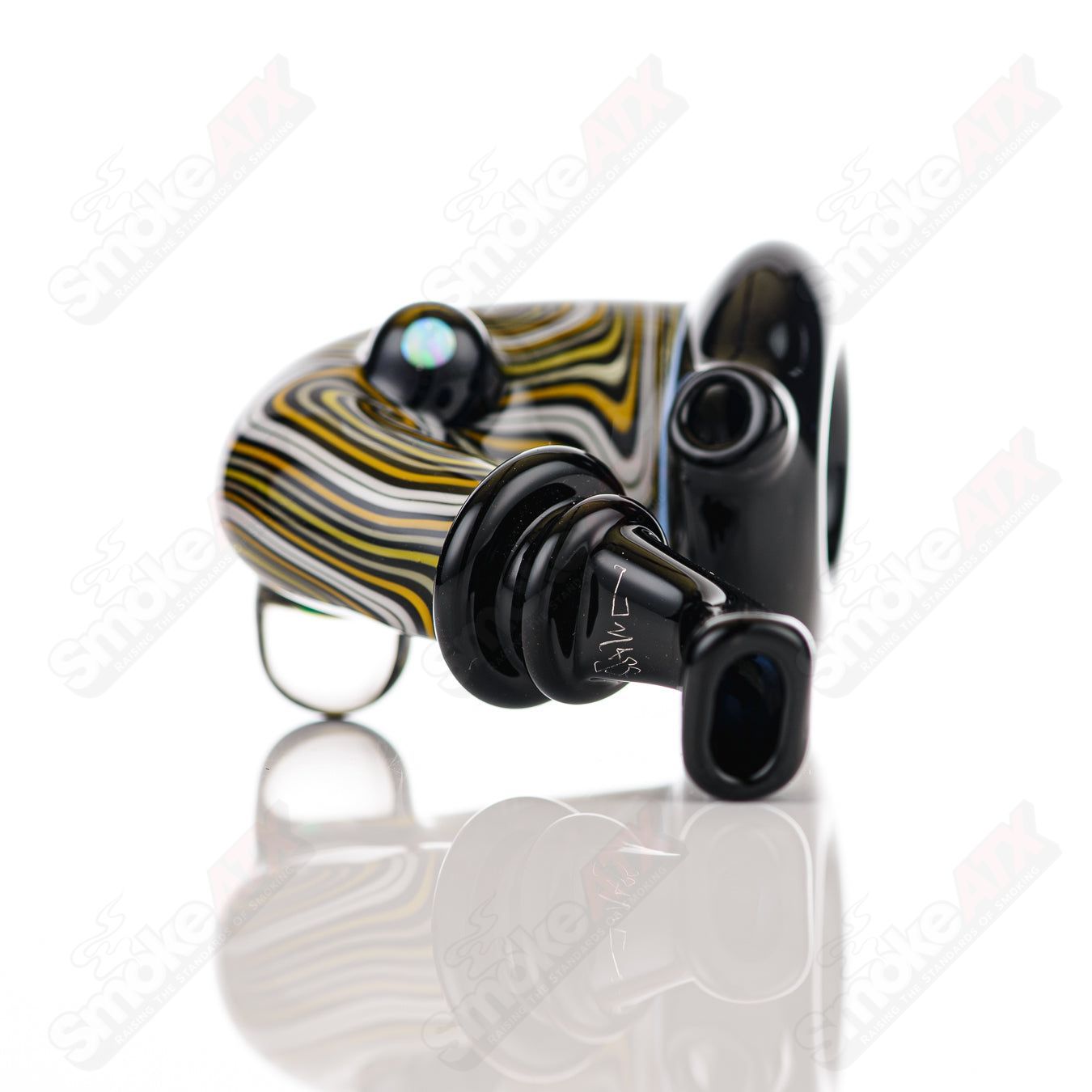 Black and yellow WigWag Sherlock glass pipe with opal accents by JMass, featuring intricate heady glass details and a Sherlock shape.