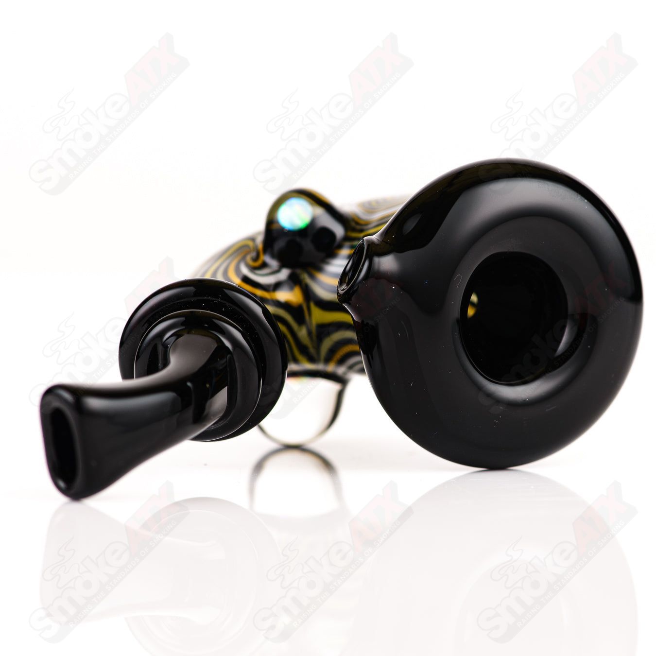 Black and yellow WigWag Sherlock glass pipe with opal accents by JMass, featuring a detailed heady Sherlock design.
