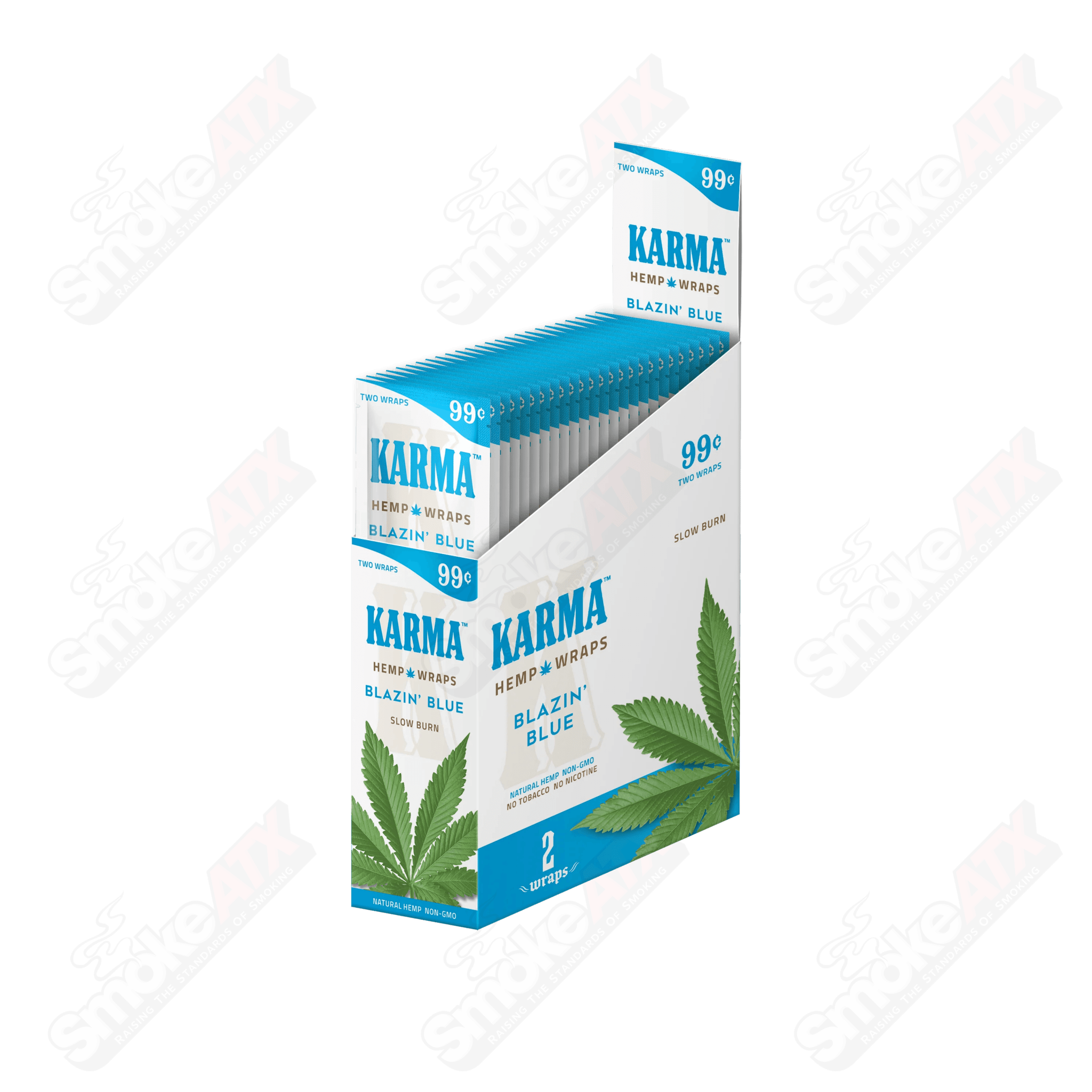 Blazin Blue Karma Hemp Wraps for 420 products, featuring vibrant blue packaging and natural hemp wrap design.
