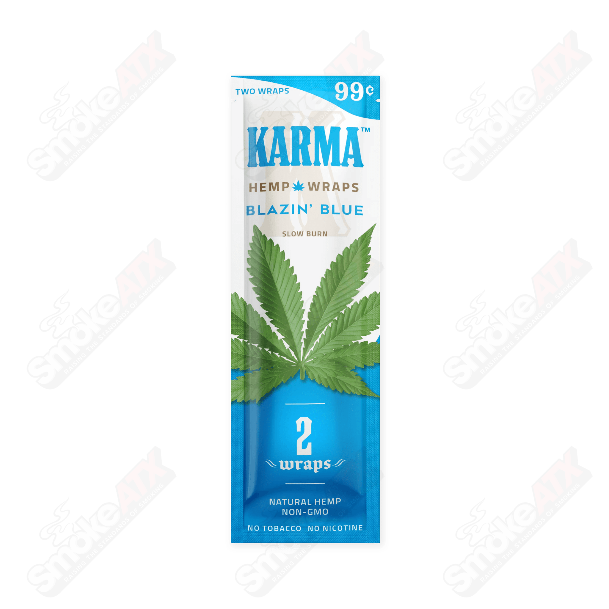 Blue Karma Hemp Wraps for 420 products, featuring vibrant blue packaging and natural hemp wraps for rolling.
