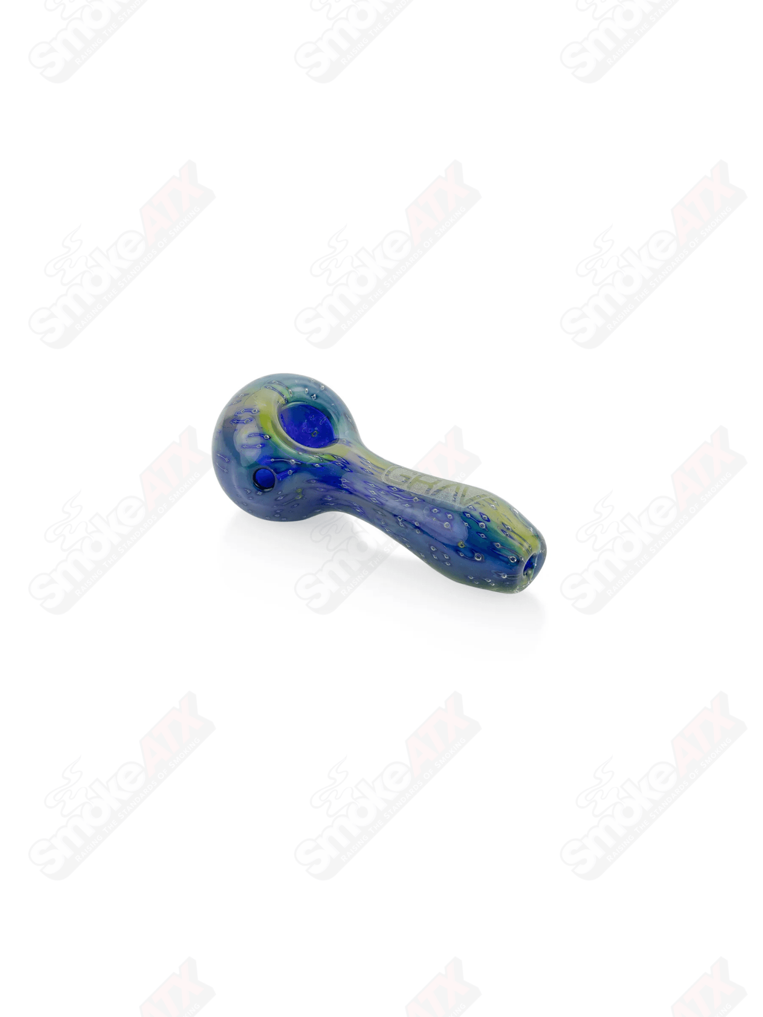 Blue Bubble Trap Spoon pipe by Grav, a glass smoking pipe with blue bubble design and ergonomic shape for easy use.
