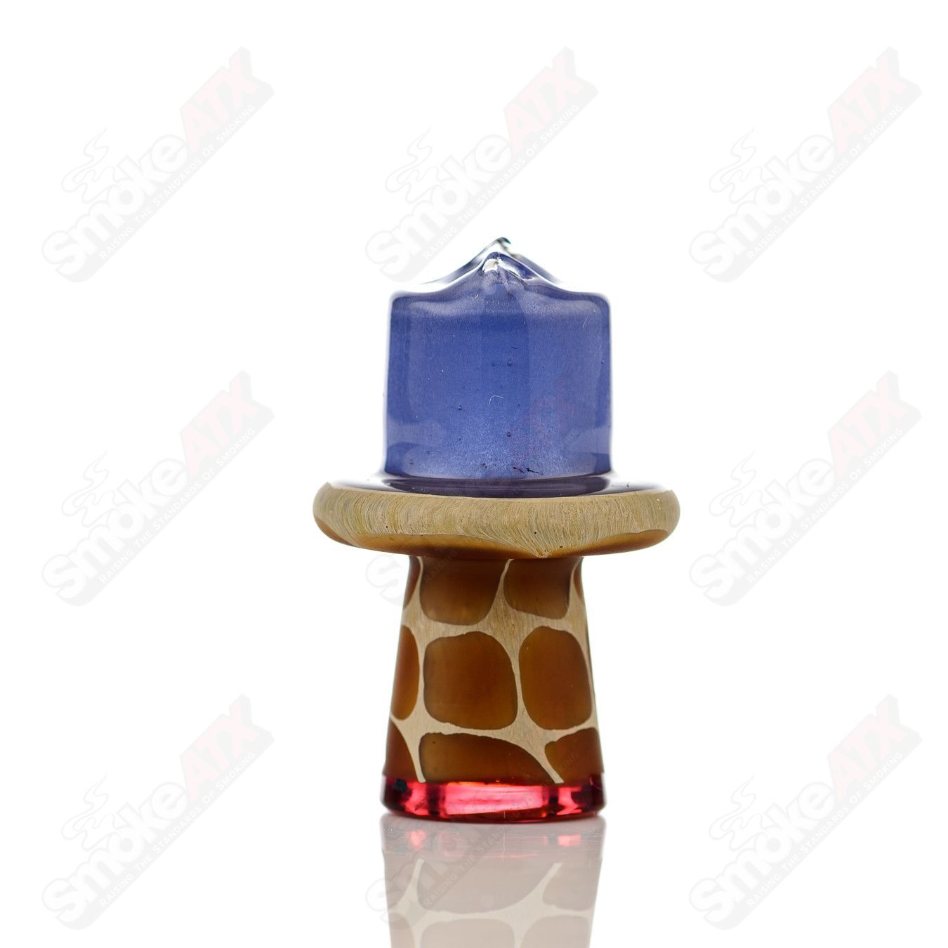Blue giraffe-shaped spinner cap with pearl accents for Robertson Glass heady glass carb collection, designed for optimal airflow.