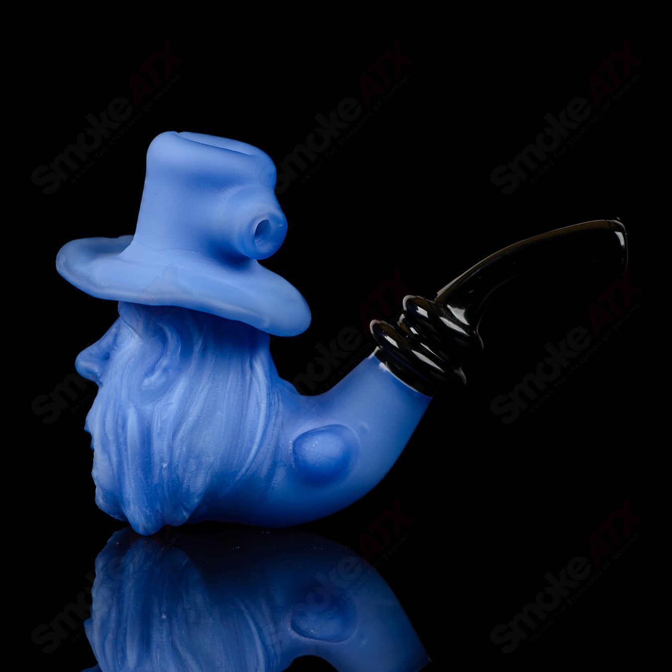 Blue Old Timer Prospector Sherlock by JMass, a colorful glass pipe with a classic Sherlock design and intricate details.