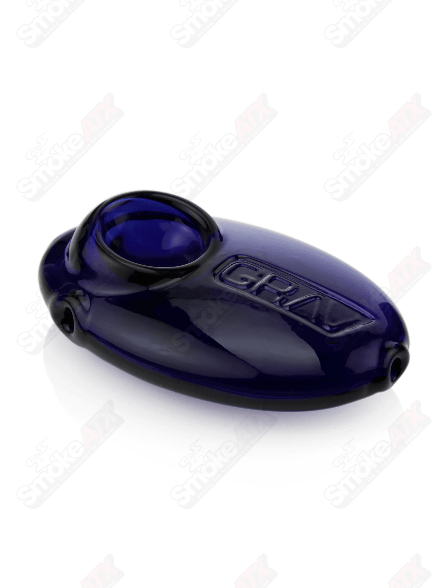 Blue Pebble Spoon Pipe by Grav Labs, clear glass with blue pebble accents, compact and portable for smoking enjoyment.