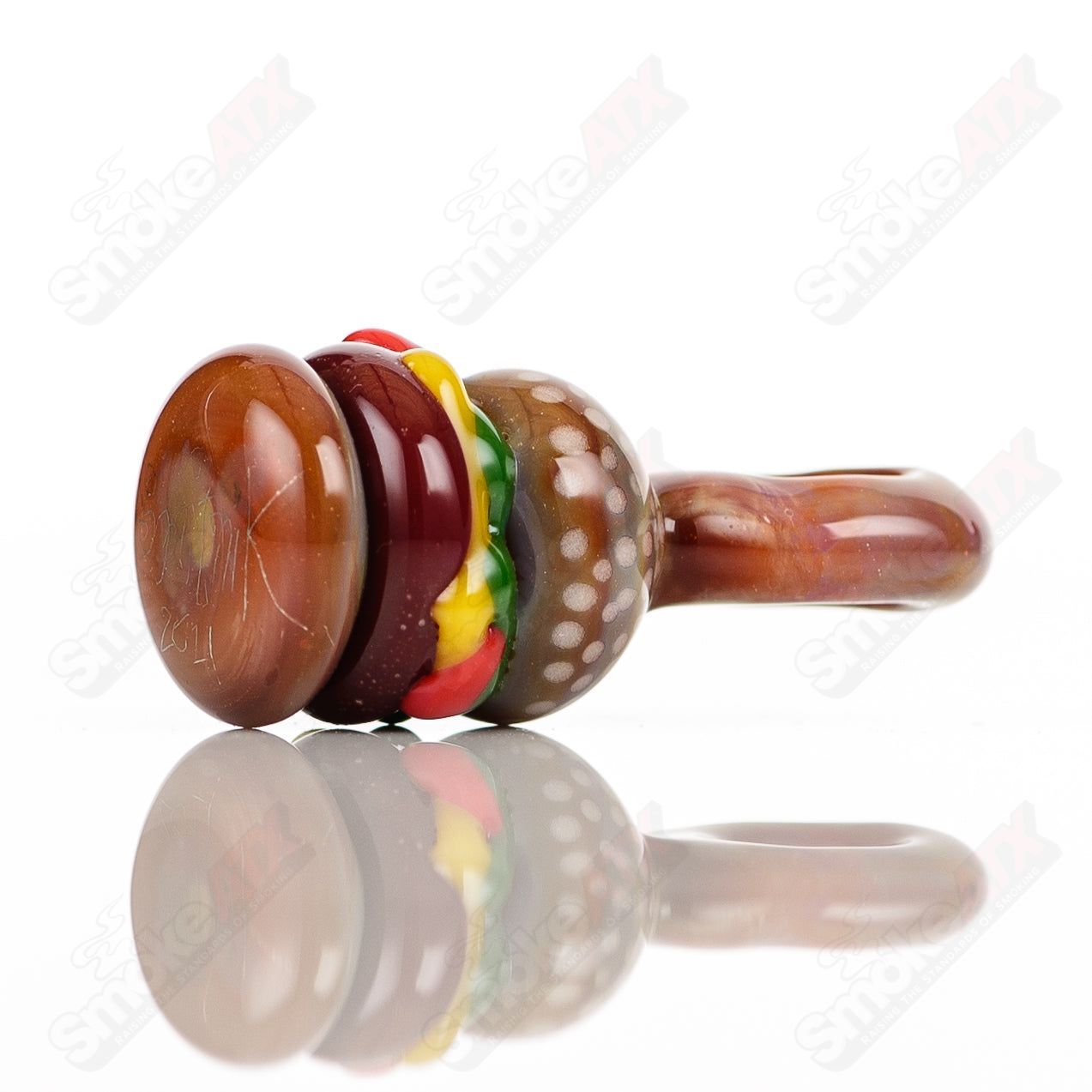 Sputnik Burger Pendant made of glass, featuring a realistic burger design and spherical glass construction.