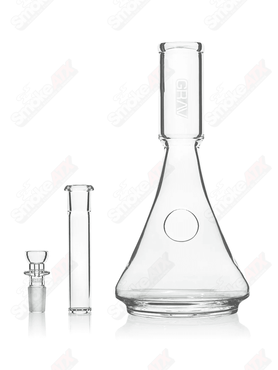 Grav clear and black deco beaker waterpipe with silicone accents, showcasing a stylish glass design for smooth smoking sessions.