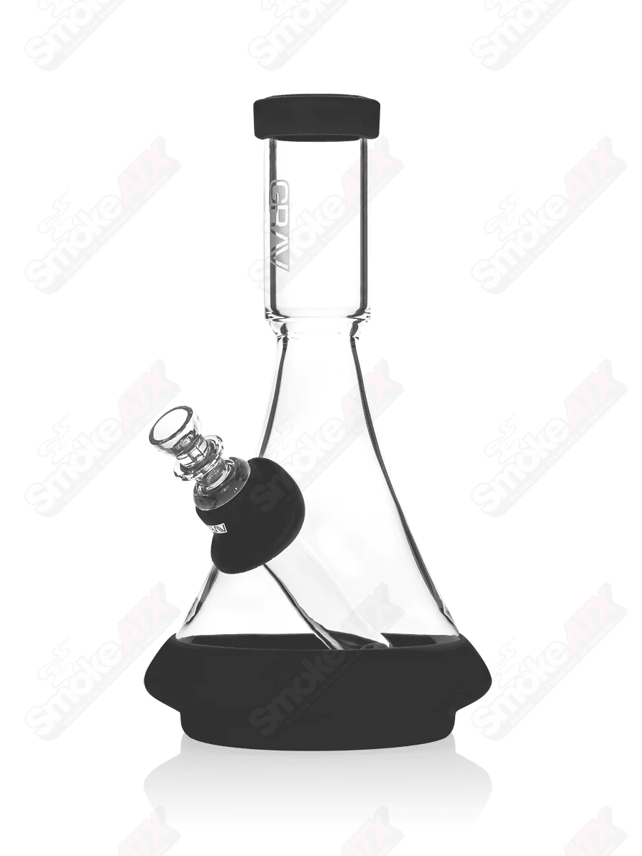 Grav clear and black deco beaker waterpipe with silicone accents, made of glass for smooth smoking experience.