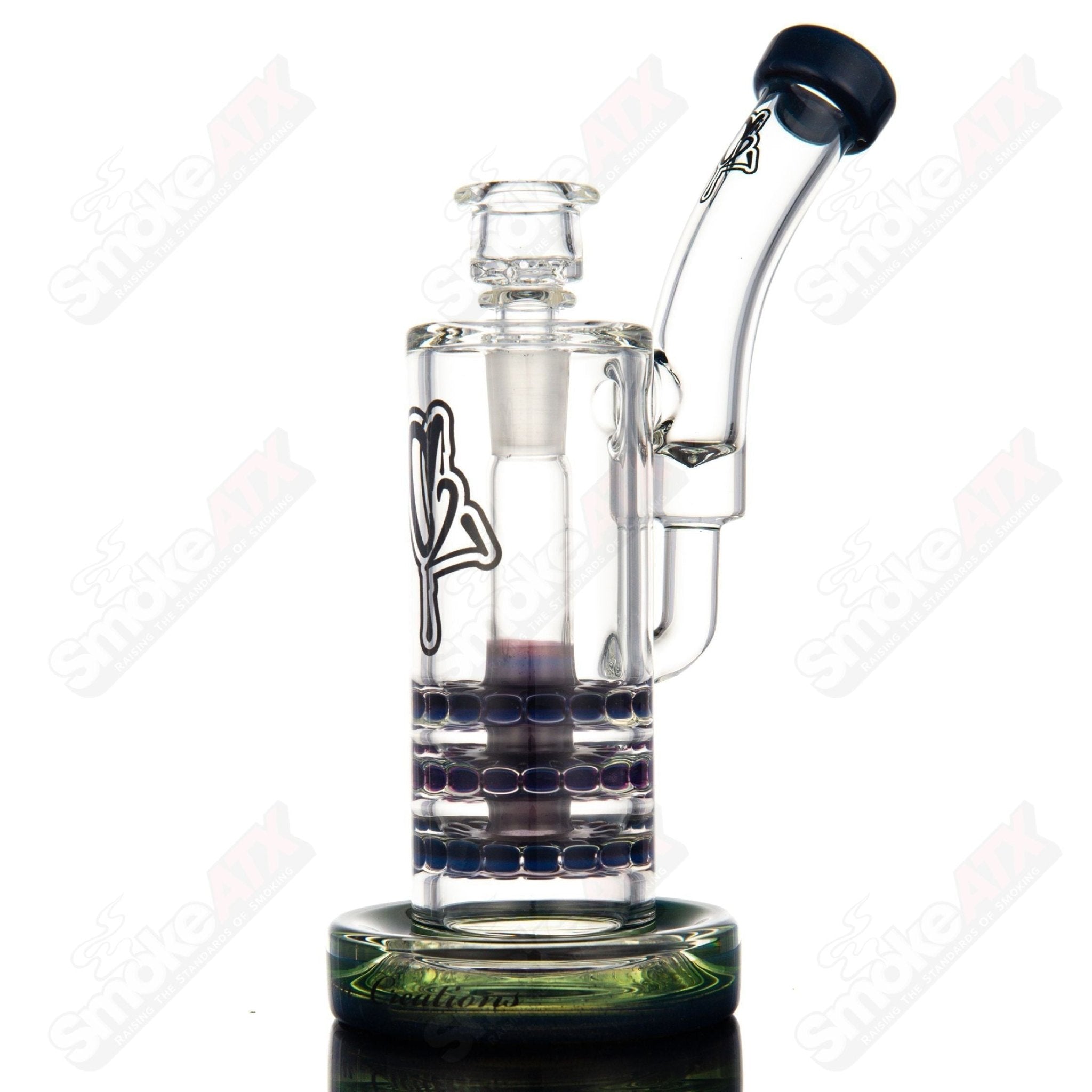 Color 50mm triple ratchet bent neck glass bubbler by C2 Custom Creations showing vibrant colors and detailed bent neck design.