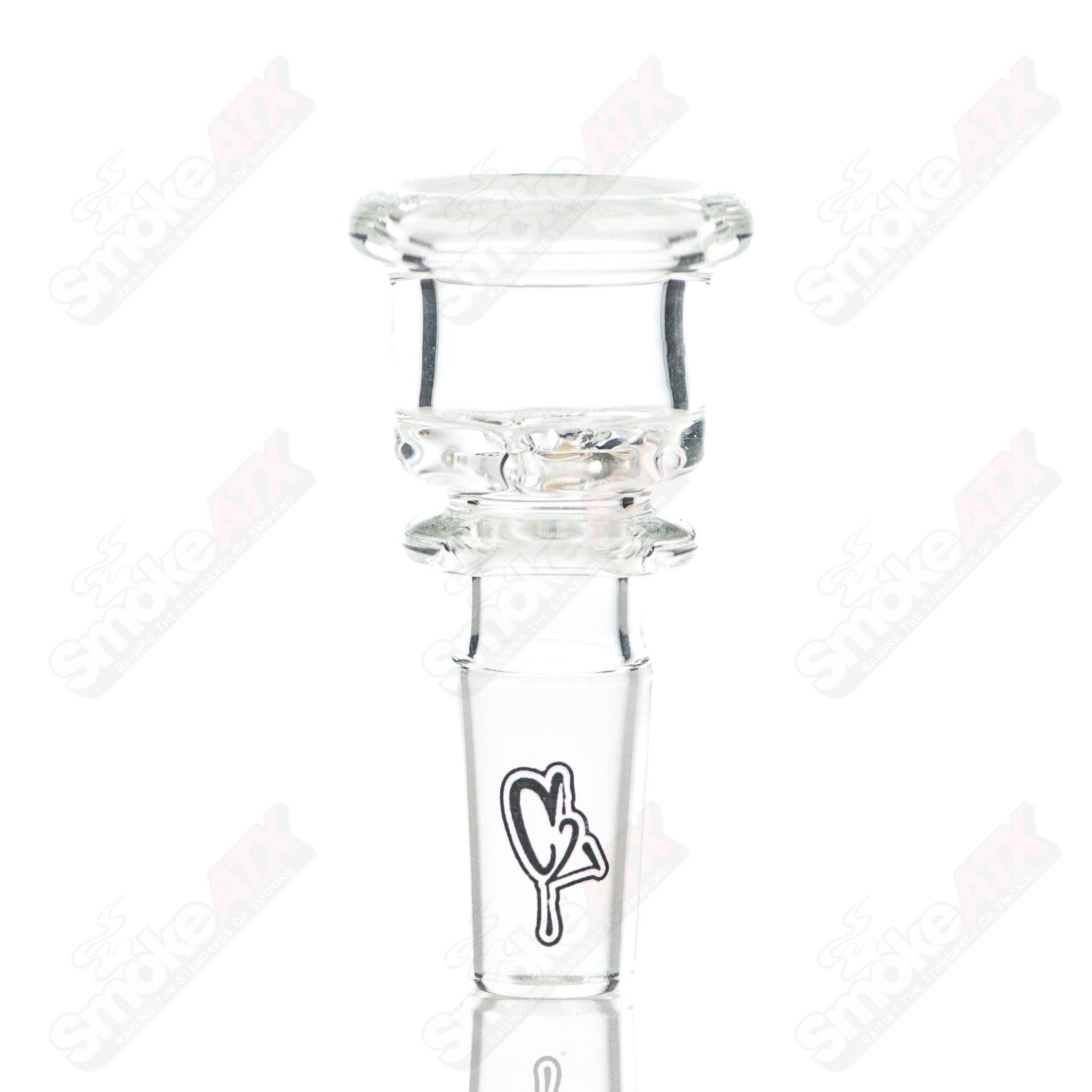 Colorful 65mm double ratchet glass bubbler by C2 Custom Creations with intricate design and clear glass body