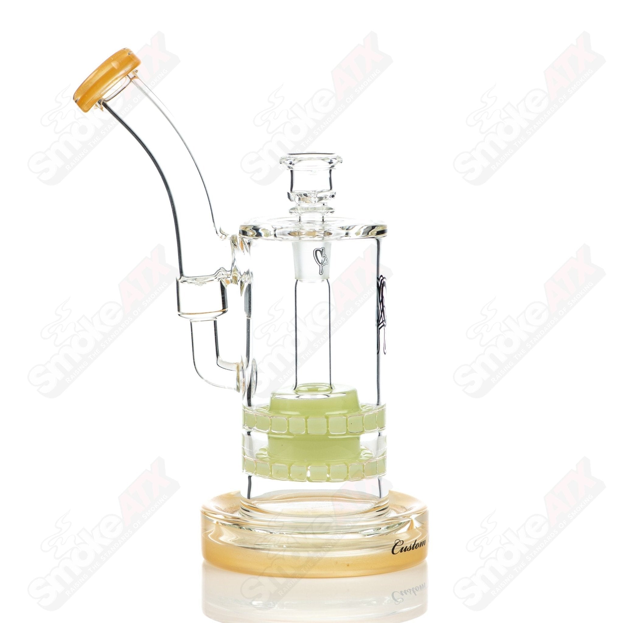 Color 65mm double ratchet bubbler glass pipe by C2 Custom Creations, featuring vibrant colors and intricate design details.