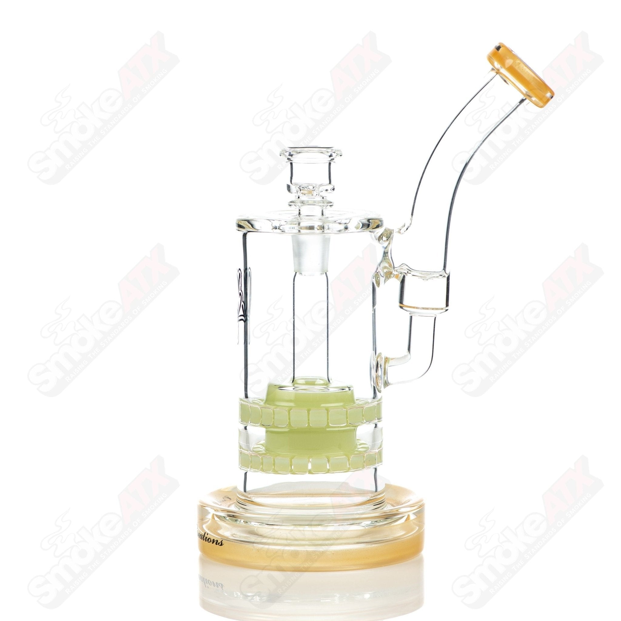 Color 65mm double ratchet bubbler glass pipe by C2 Custom Creations featuring vibrant colors and a sturdy design.
