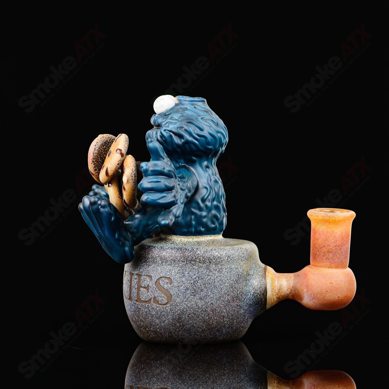 Cookie Monster Morrison glass heady concentrate rig with colorful, detailed Cookie Monster design by Robert Morrison.