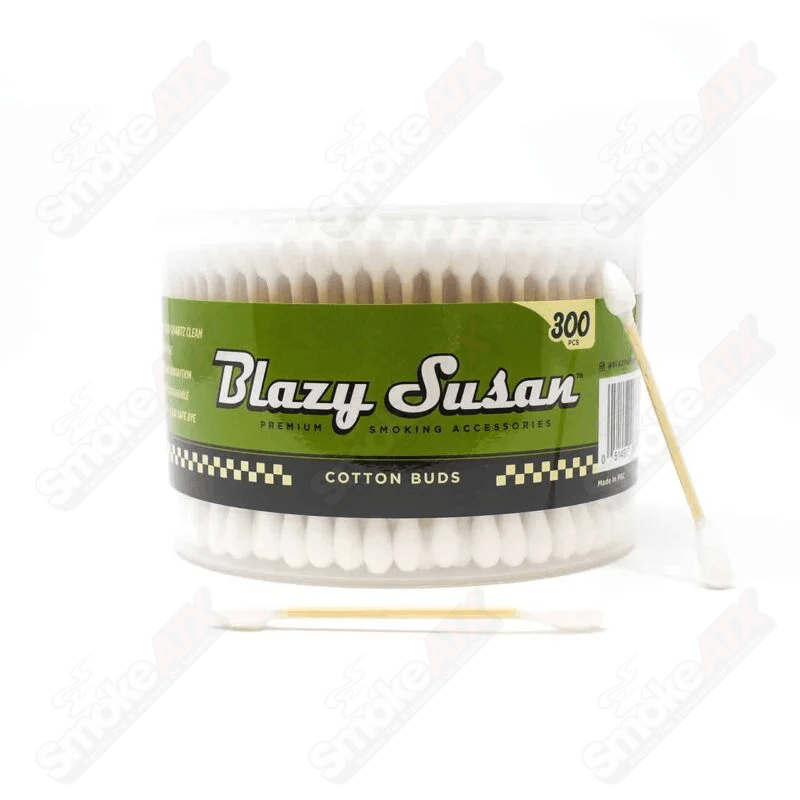 Pack of 300 Blazy Susan cotton buds with white cotton tips and plastic sticks, suitable for personal or cosmetic use.